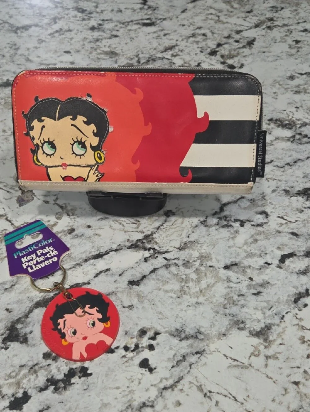 Betty Boop Red Wallet with Black & White Stripe Accents and Matching Keychain